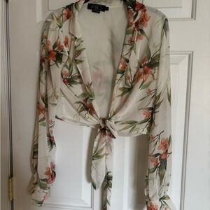 PatBO Sheer Floral Tie-Front Blouse in Ivory and Peach
